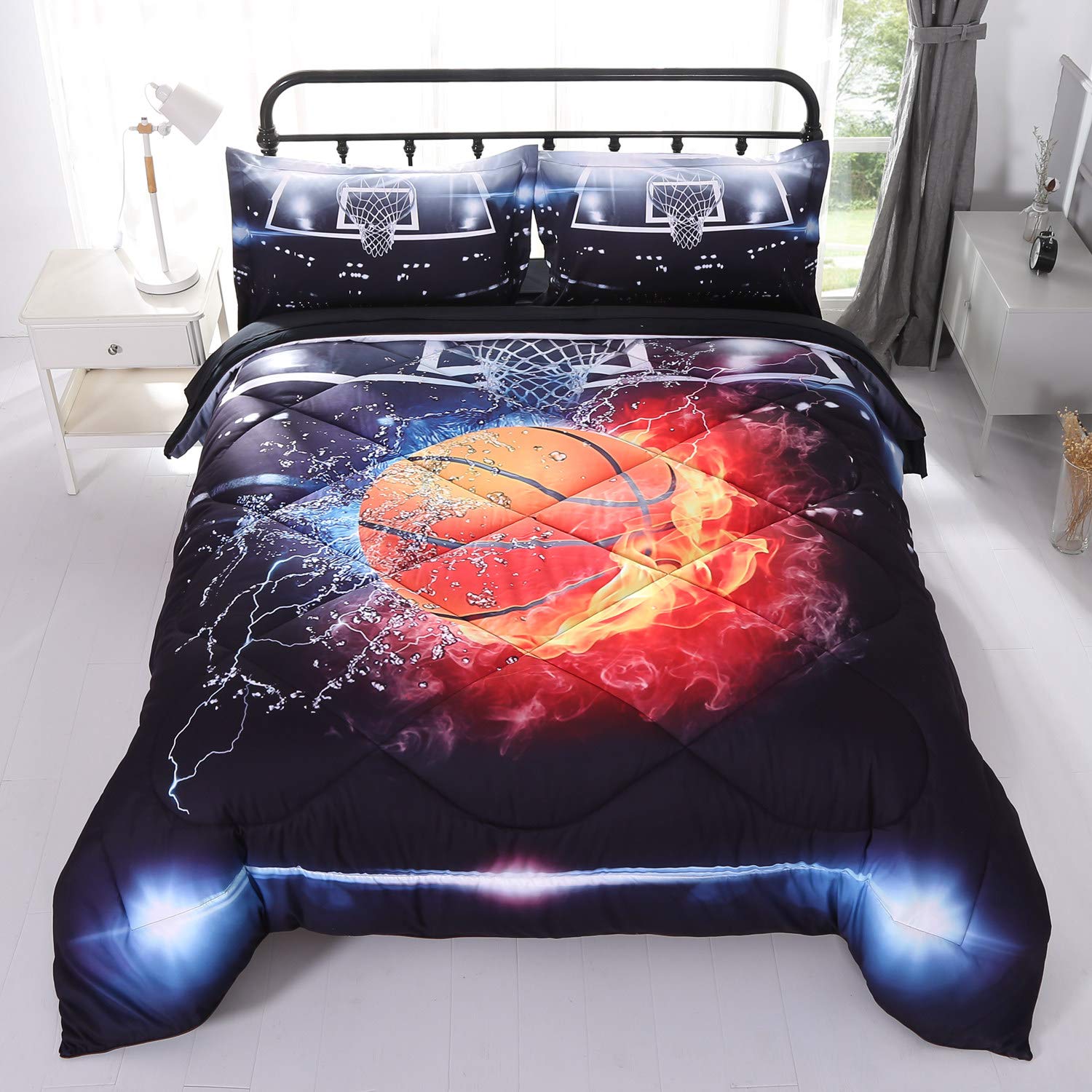 Wowelife Basketball Twin Comforter Set Bedding Set For Boys 5 Pieces Basketball Comforter Set Red Black 3D Fire Water Twin Comfo